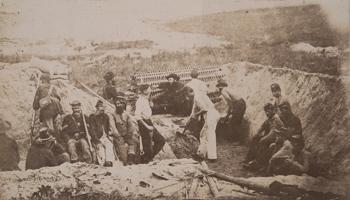 Members of the 54th Massachusetts Volunteer Infantry Regiment and 1st New York Engineers at the Siege of Fort Wagner, Morris Island, S.C. Photograph