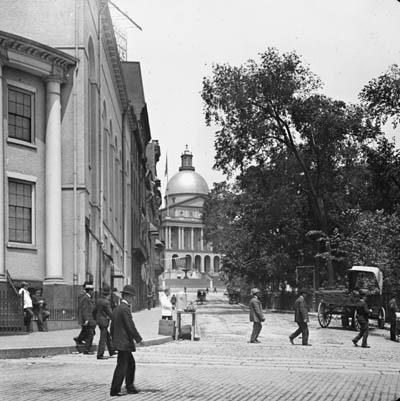 View of Park Street looking north towards State House, Boston Lantern slide